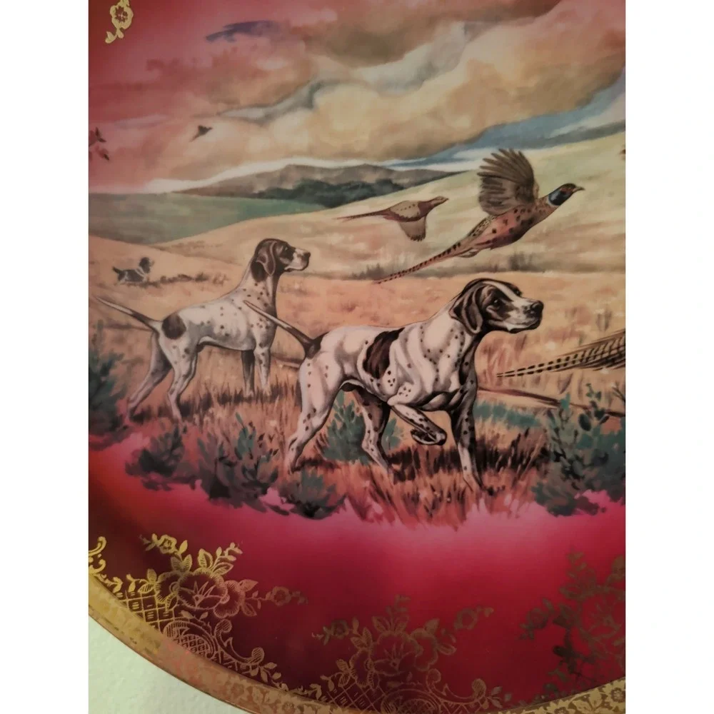 Dog Bavaria Plate STW Germany Pointer Hunting Pheasant Gold Gilt Maroon Large